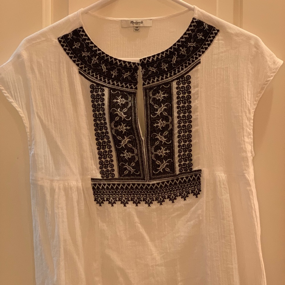 White blouse with black embroidery from Madewell